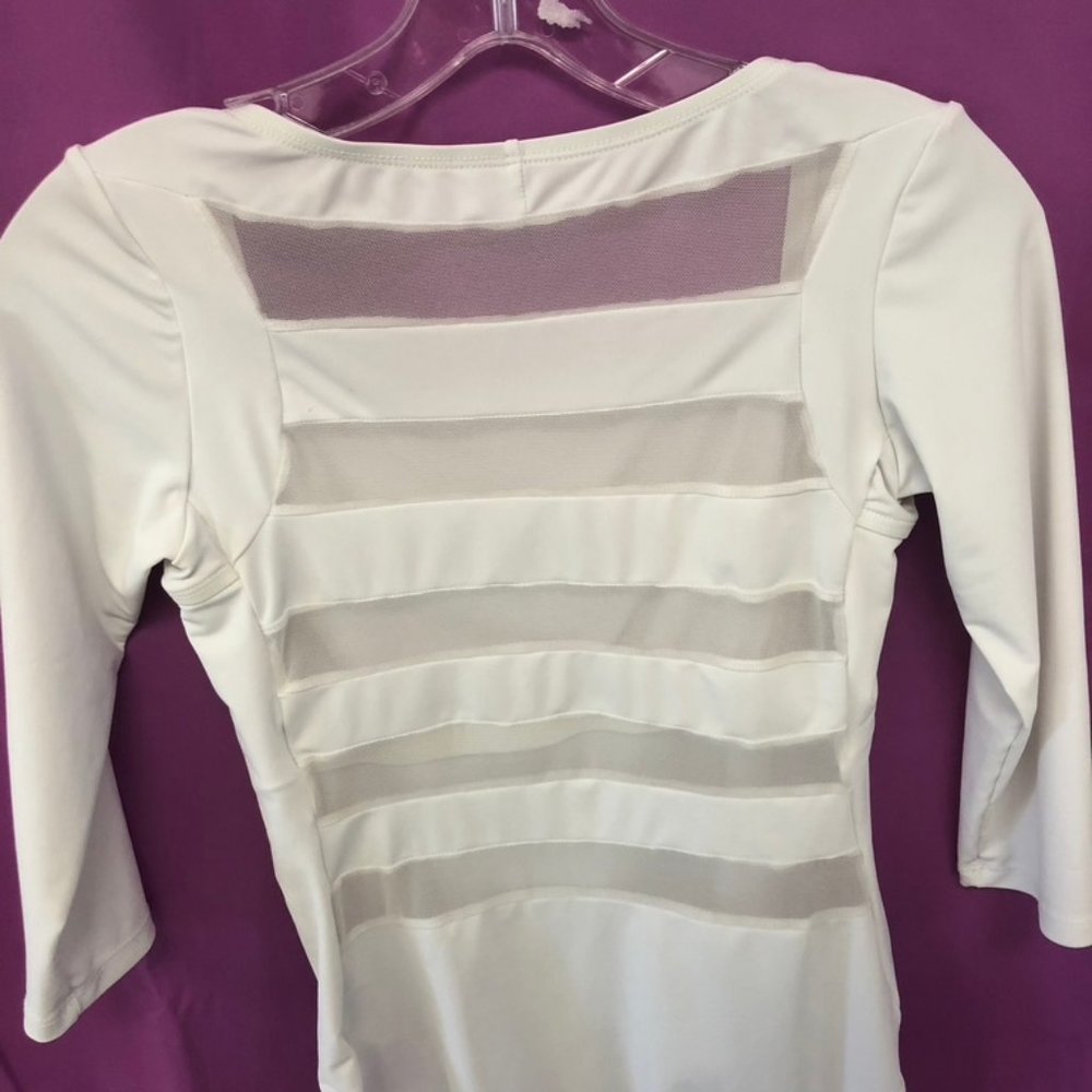 Natalie White 3/4 Sleeve mesh Stripe Back Leotard